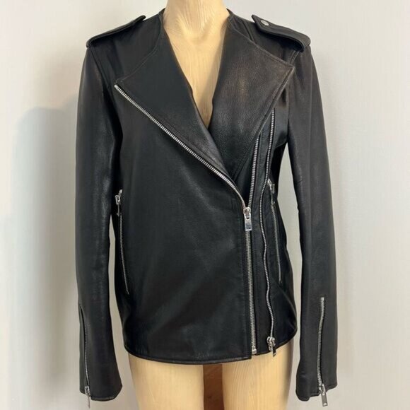 Zara Studio Women’s XS/S Black Goat Leather Motorcycle Jacket Oversized Rock - Picture 1 of 16
